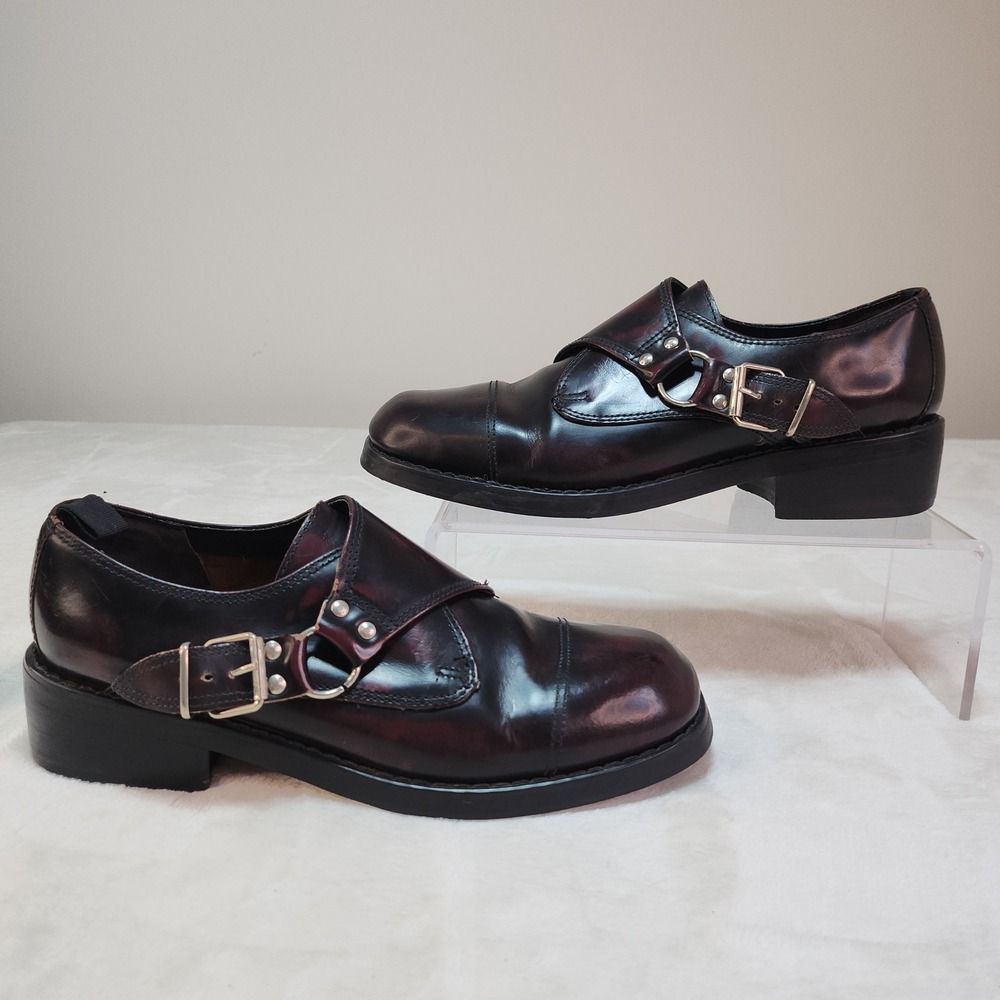 Vintage 90s Oxblood Leather Monk Strap Loafers Womens 8.5 Chunky Cyber Goth - Picture 2 of 13